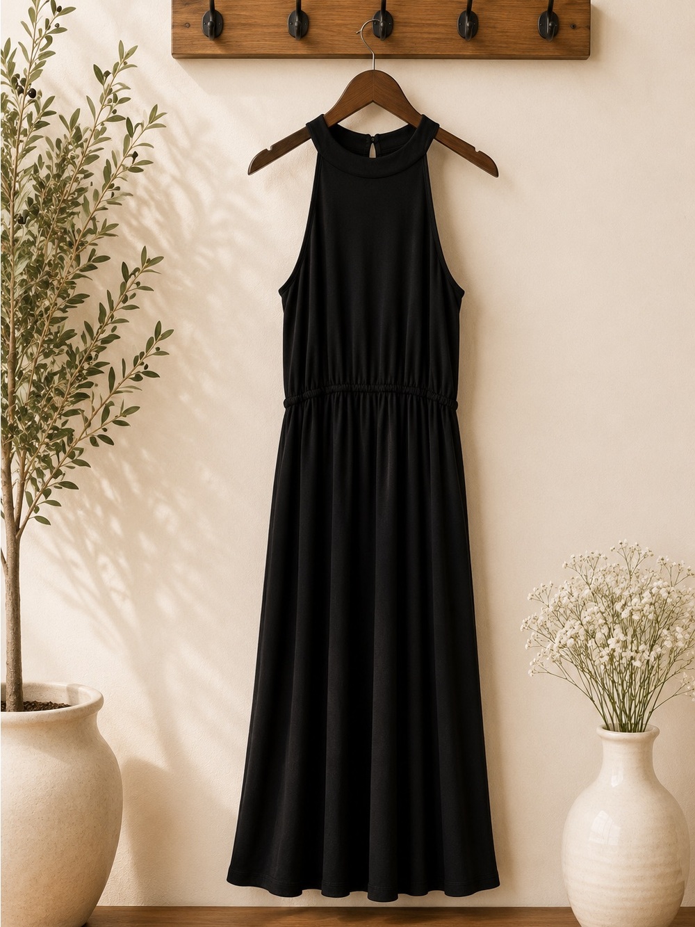 The Good Jane Black Sleeveless Midi Dress Size M High Neck Elastic Waist Minimal